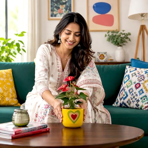 Image of Urban Plant Heart Bloom Handcrafted Terracotta Planter | Colourful Indoor Clay Pot for Living Room | Artisan Decorative Flower Pot for Plant Lovers | Drainage Hole | 4.5 Inch