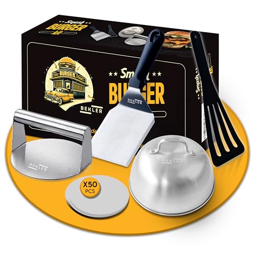BEKLER Smash Burger Kit - Prensa Hamburguesas Antiadherente, Smasher, Aplastador de Hamburguesas, Fácil Limpieza, Espátula Ideal para Sartén, Acero Inoxidable, Uso Profesional, Grado Alimenticio
