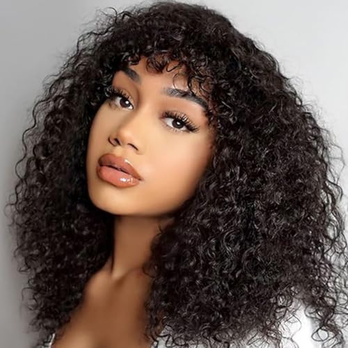 DÉBUT Human Hair Bob Wig With Bangs & Curly Style, Short Jerry Curl Wig for Black Women 150% Density, Non Lace Front