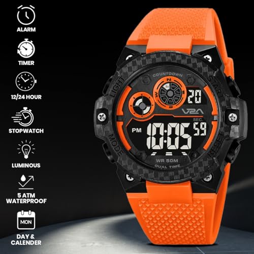 Image of V2A DIGITRON-VOLTRIX 2837 Digital Watch for Men | Bold Patterned Case Design | Dual Time Sports Watch with Countdown, Backlight & 50M Waterproof