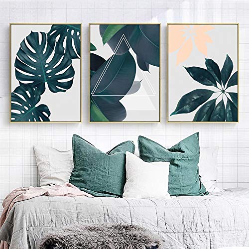 Affiche nordique feuille verte Monstera pour salon | Lot de 3 toiles modernes 70x100 cm sans cadre
