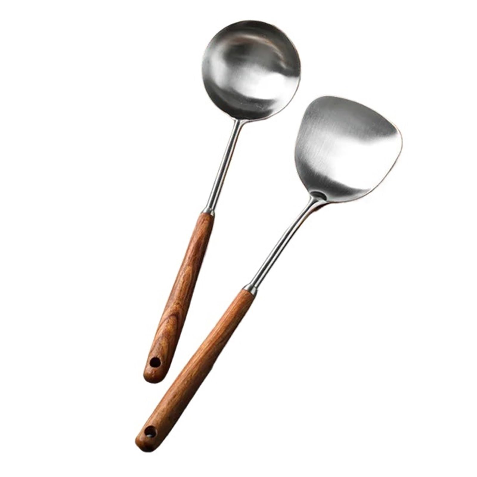 Cucharón de cuchara sopa Wok Turner acero inoxidable 304 con mango madera, utensilios cocina for colgar en la pared(AB)