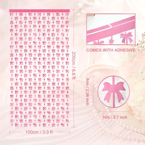 Image of Menstarsi Bow Foil Fringe Curtains, Pink Bow Birthday Backdrop, 2 Pack | Pink Bow Party Decorations Pink Coquette Party Supplies Photo Booth Props Backdrop for Baby Girls Bridal Shower Party Decor