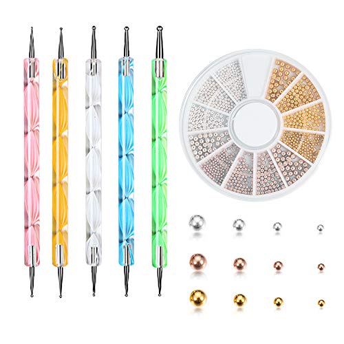 Vastitude 3D Gold Mini Metal 12 Wheel Nail Art Metallic Caviar Nail Beads Mixed Sizes Rhinestones with 5 PC 2 Way Dotting Pen Tool Nail Art Tip Dot Paint Manicure Kit for Acrylic Nails?3Color?