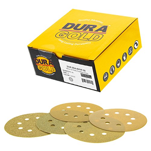 Dura-Gold Premium - Variety Pack - 5" Gold Sanding Discs - 8-Hole Dustless Hook And Loop - 10 Each Of Grit (60, 80, 120, 220, 320) - Box Of 50 Sandpaper Finishing Discs For Woodworking Or Automotive #TOP2