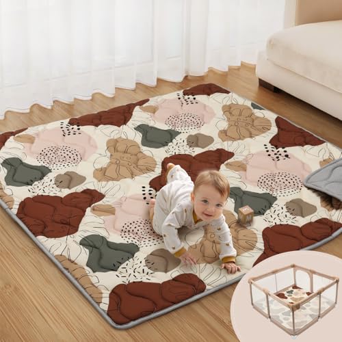 Image of Blissful Diary Baby Play Mats for Floor, 59x59 Inch Thicker and Larger Soft Cushioning Foam Playmats for Babies and Toddlers, Foldable Washable Baby Playpen Mat, Boho Design