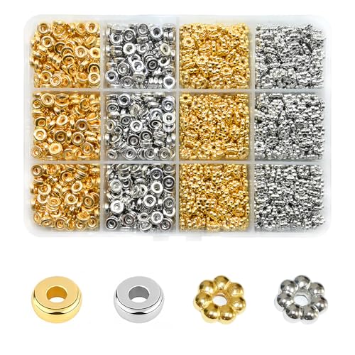 Looconi 1500pcs 6mm Silver and Gold Flat Round Spacer Beads for Jewelry Making DIY Bracelet Necklace Earring Craft Supplies