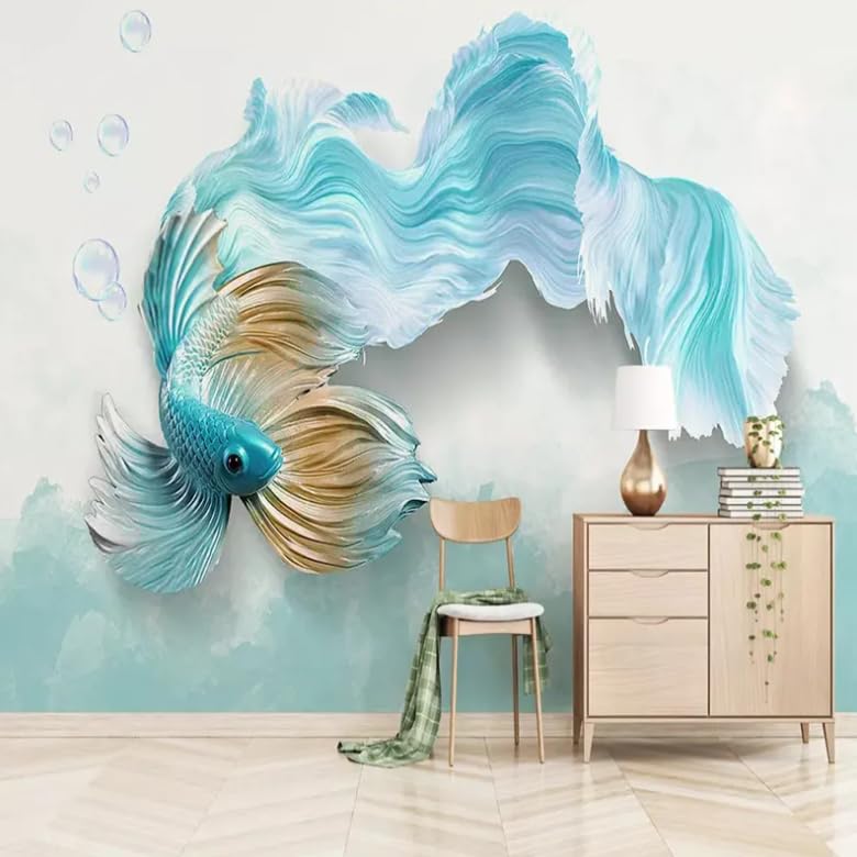 Papier peint bleu paon poisson 3D pour agrandir un salon et mur de TV