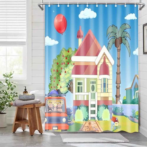 Image of Blue Them Balloon Cartoon House 60x72 Decorative Shower Curtain With Hooks | Bluey Backdrop With Cartoon House Red Balloon Print, Polyester Shower Curtain, With Hooks For Bathroom Decoration
