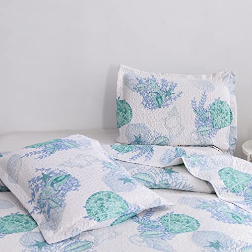 Jarson Beach Quilt Set King Size, 3Pcs Lightweight Summer Seashell Bedspreads Reversible Ocean Bedding with 2 Pillow Shams, Green White - Image 5