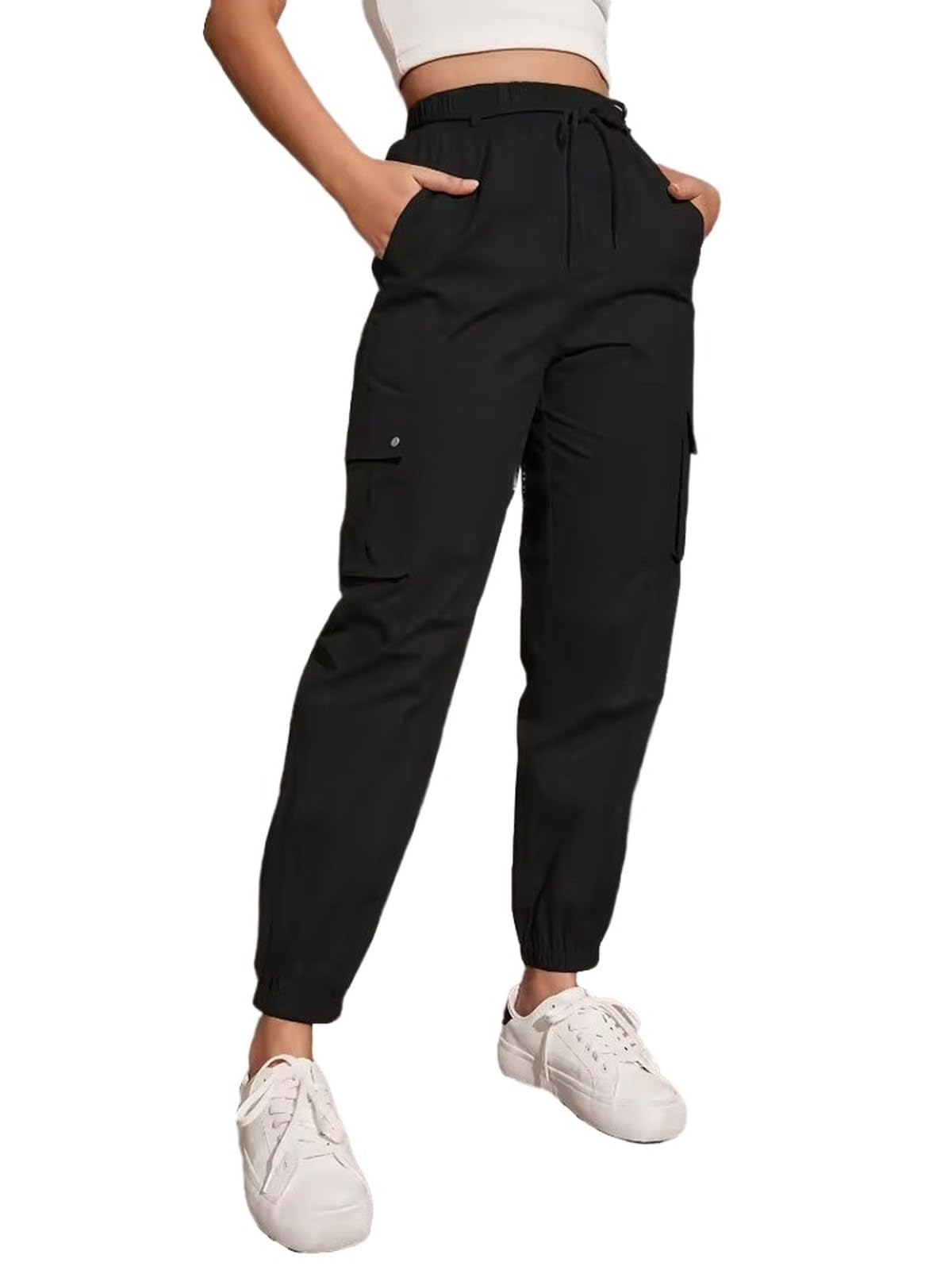 Womens Tapered Elastic Pants High Waist Slim Skinny Fit Casual Pencil Trousers with Pockets