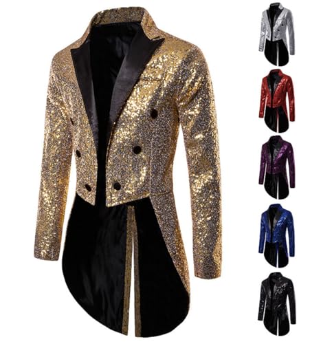 ORBITRAY Men Sequin Tuxedo Blazer Long Tail Jacket Men Nightclub Prom Suit Jacket Singers Stage2