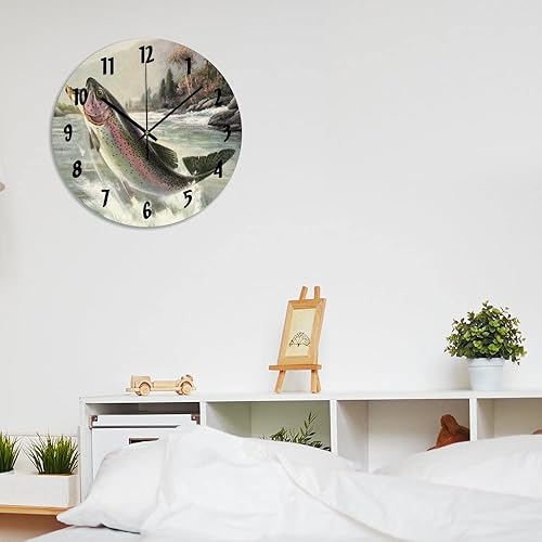 Miniatura 6 de ArogGeld Qq2zw62q6v5e - Reloj de pared de madera con diseño de pez trucha arco iris, funciona con pilas, silencioso, sin tictac, números decorativos