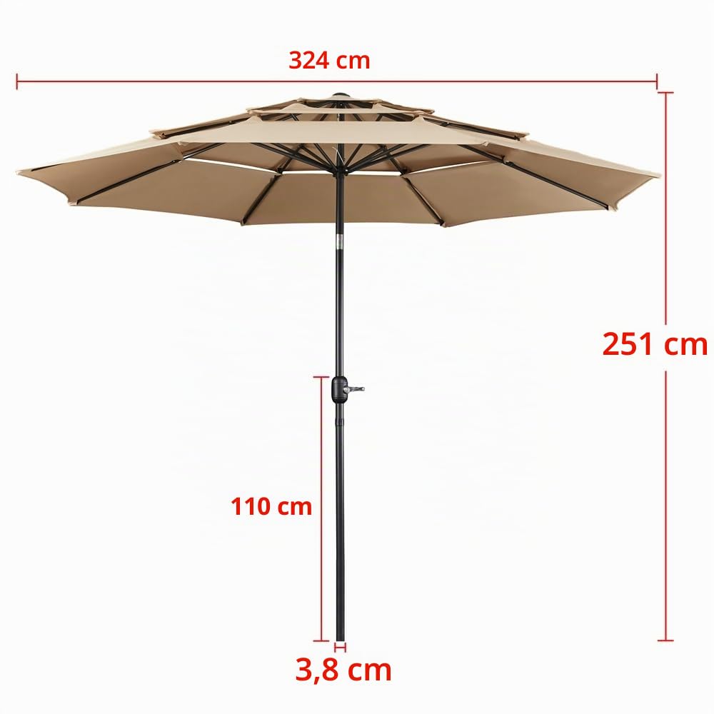 Yaheetech Ombrellone da Giardino Esterno a 3 Strati 324 cm con Manovella 8 Stecche Parasole Protezione Solare Reclinabile per Spiaggia Balcone Terrazzo Ecrù