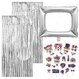33 Stück Party Fotoautomat Requisiten Set - 1 Packen Foto Booth Props, 2 Stück Lametta Vorhang, EIN 98cmx83cm Aufblasbarer Fotorahmen für Hochzeit Party Deko Geburtstag JGA Fotobox Accessoires, Silber