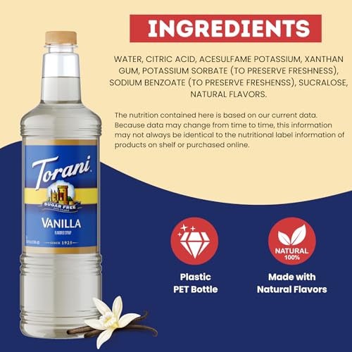 Image of Torani Sugar Free Vanilla Syrup 1 Liter Bottle with Pump Dispenser - Zero Calorie Flavored Coffee Syrup for Lattes, Cold Brews, Teas, Cocktails & Desserts