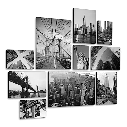 Giallobus - Conjunto de 10 pinturas de paneles múltiples - Ciudad - Nueva York B&N - Madera de MDF - | 2 x 42x29,7cm | 4 x 29,7x21cm | 4 x 21x14,85cm | - Listo para colgar - Cuadros para el hogar