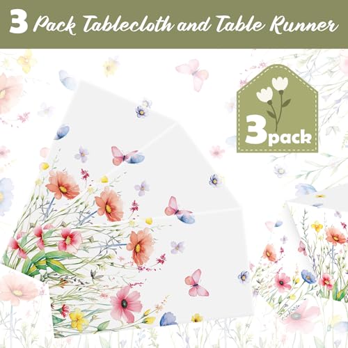 Image of Ganeen 3 Pcs Colorful Floral Tablecloth Disposable Plastic Wildflower Table Cloth Butterfly Flower Rectangle Table Cover for Birthday Wedding Valentines Easter Spring Tea Party Decor, 54 x 108 Inch