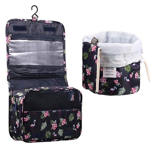 2 Pieces Hanging Toiletry Bag Drawstring Barrel Makeup Bag Flamingo Waterproof Cosmetic Makeup Organizer Cosmetic Bag for Women and Girls (Black Flamingo)