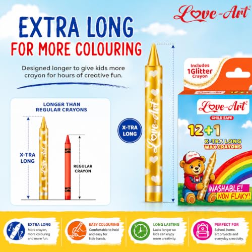 Image of Love-Art 12+1 X-TRA Long Wax Crayons for Kids | Extra Long, Ultra Smooth & Vibrant Colour Crayons | Non-Flaky, Washable Wax Colours for Drawing, Colouring, Art & School