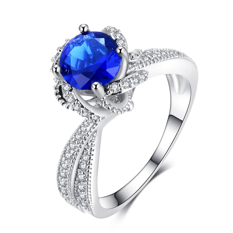 Emsione Vintage Silver Plated Ring Round Brilliant Created Sapphire Quartz Eternity Anniversary Wedding Engagement Party Ring for Women Men Size 10