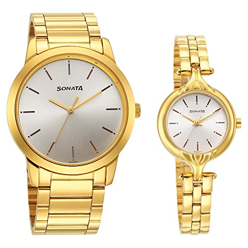 Sonata Pairs Quartz Analog Silver Dial Gold Stainless Steel Strap...