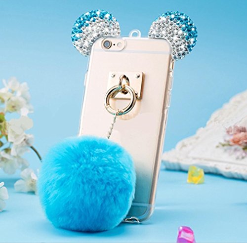Omorro 3D Bear Ear Mouse Gradient Change Shiny Diamond Rhinestone Glitter Bling Flurry Villih Hair Ball Pendant Ultrathin Protect Clear Cover Case for Girl's for iPhone 5/5S/SE