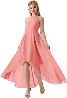 Junior Girls Bridesmaid Flowy Chiffon Dress Crewneck A Line High Low Pageant Formal Ball Gown - Buy now