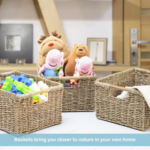Large Wicker Basket Rectangular With Wooden Handles For Shelves, Seagrass Basket Storage, Natural Baskets For Organizing, Wicker Baskets For Storage - 3 Pack Large #TOP7