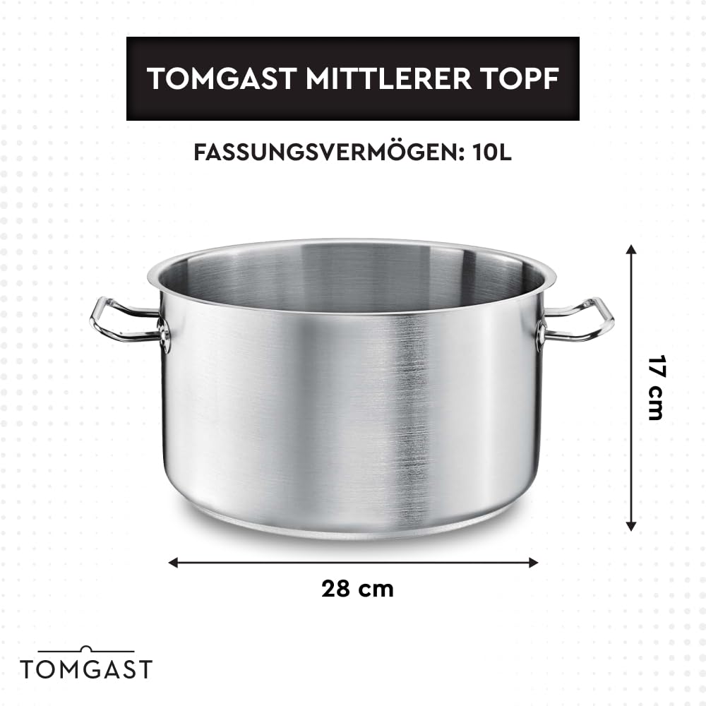 Średni garnek PRO Ø 28 cm, pojemność 10 l, wysokość 17 cm, stal nierdzewna, spód laminowany, do kuchenek i indukcyjnych, nadaje się do mycia w zmywarce