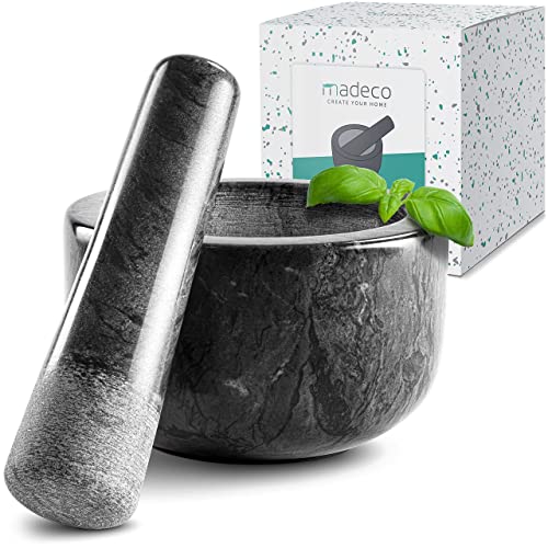 madeco Mörser mit Stößel Marmor Ø 14 cm - Perfekt geeignet für Gewürze, Kräuter & Nüsse - Steinmörser Set mit praktischem Antirutsch-Pad - Design Marmor Mörser & Stößel groß Cover