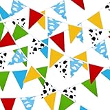 MARFOREVER 49.2Ft Cartoon Story Pennant Banner Party Decorations, 60Pcs Toy Themed Story Triangle Bunting Red Blue Yellow Cow Cloud Print Flag Banner for Kid Birthday Baby Shower Party Garden Supplies