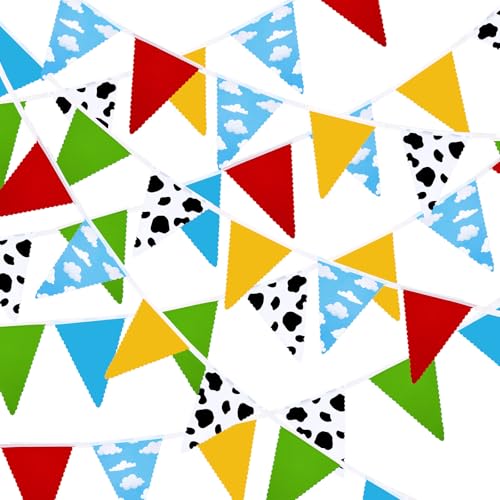MARFOREVER 49.2Ft Cartoon Story Pennant Banner Party Decorations, 60Pcs Toy Themed Story Triangle Bunting Red Blue Yellow Cow Cloud Print Flag Banner for Kid Birthday Baby Shower Party Garden Supplies