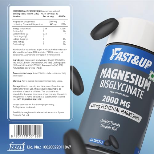 Image of Fast&Up Magnesium Bisglycinate 2000mg, 440mg Elemental - High Absorption, No Titanium Dioxide, 60 Tablets