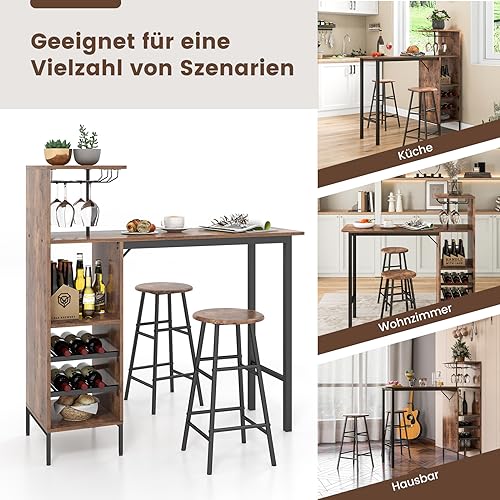 COSTWAY Bartisch mit Barhocker Set, 2 Personen Bartisch Set mit Halterungen für Weingläser und Flaschen, Küchentheke für Wohnzimmer, Esszimmer und Küche (Kaffee)