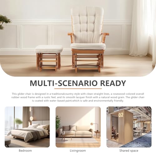 Image of Solid Wood Anti-Pinching Rocking Glider Chair with Ottoman Cushion Set, Nursery Rocking Chair for Living Room Bedroom Reading Room, Honey
