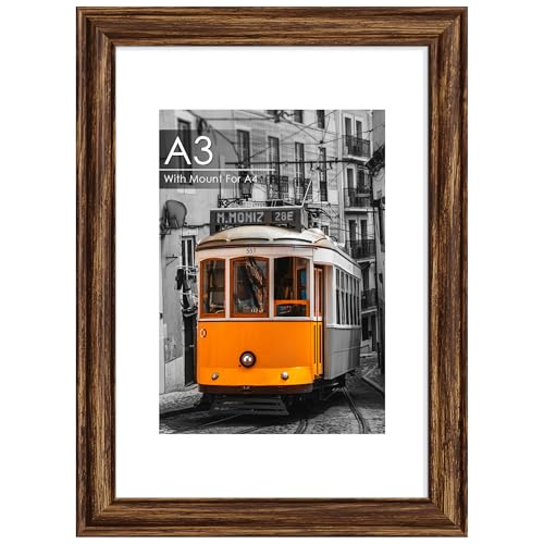 QPQIYIY A3 Brown Picture Frame Engineered Wood and Plexiglass A3 Frame with Mount for A4 Prints Photos and Posters Wall Mountable (29.7x42cm) Photo Frame