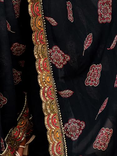 Image of Satrani Women's Georgette Bandhani Printed Sequence Lace Work Scalloped Border Saree with Unstitched Blouse Piece