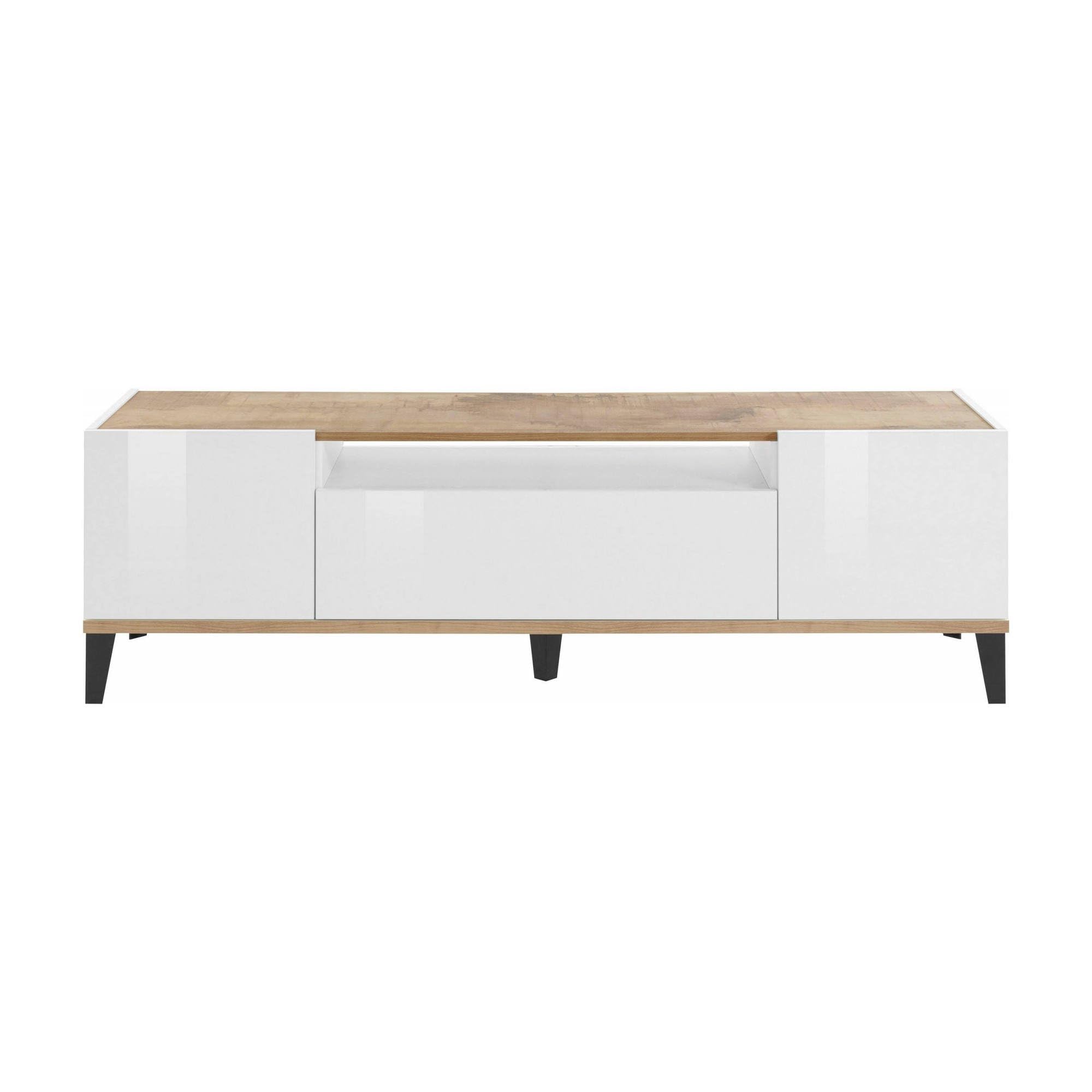 Dmora - Mobile porta TV Ivan, Credenza bassa da soggiorno a 2 ante, Base porta televisione, 100% Made in Italy, cm 160x40h47, Bianco lucido e Acero