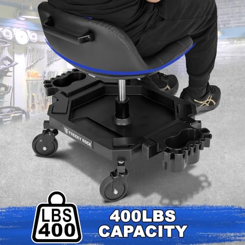 Image of Rolling Stool with Wheels, Adjustable Height Pneumatic Garage Work Mechanic Stool Seat with Backrest, 400 LBS Capacity 360 Swivel Mechanic Crepper Chair with Tool Tray Storage, Blue
