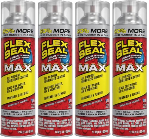 Image of Flex Seal MAX, 17 oz, 4-Pack, Clear, Stop Leaks Instantly, Waterproof Rubber Spray On Sealant Coating, Perfect for Gutters, Wood, RV, Campers, Roof Repair, Skylights, Windows, and More
