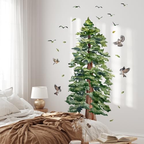 Large Pine Tree Wall Decals Watercolor Tree Wall Stickers, Peel and Stick Wall Decal Woodland Trees Birds Wall Decor for Bedroom Living Room Classroom Party Supplies (Large Pine Tree)