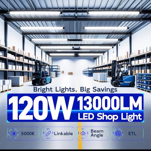 Image of hykolity 4FT 120W LED Shop Light Linkable,13000LM(400w Equivalent) | Utility Shop Lights for Garages, Workshops, Basements, Hanging or FlushMount, with Power Cord and Pull Chain,ETL,2 Pack