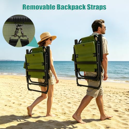 Image of Romswi Heavy Duty Folding Beach Chair with 30mm Aluminum Frame,16 inch High Seat, Lightweight for Beach, Patio & Backyard, Green