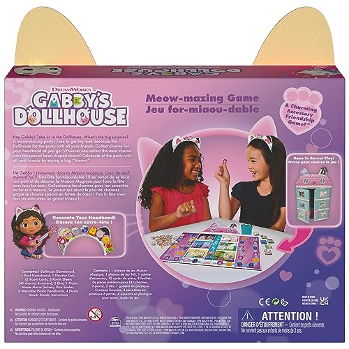 Image of Gabby's Dollhouse, Meow-Mazing Board Game Based on The DreamWorks Netflix Show with 4 Kitty Headbands, for Families & Kids Ages 4 and up