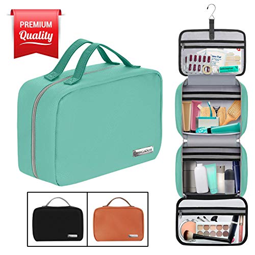 Hanging Travel Toiletry Bag for Women and Men (100% Leak Proof & Doubles as a Cosmetic/Makeup Bag) | Large (34”x11”) | Clear Pockets | Detachable Compartment | Cruelty-Free Leather | (Tiffany Blue)