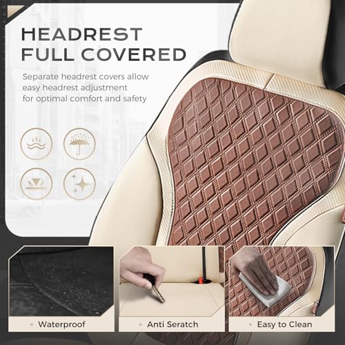 Image of Coverado Car Seat Covers Full Set, Beige Brown Car Seat Covers, Luxury Diamond Leather Car Seat Cover with Carbon Fiber Weave, Spill-Proof Seat Cushions, Automotive Seat Cover Universal Fit Most Cars