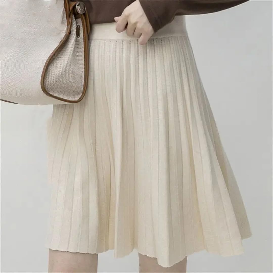 Donne Inverno Coreano Gonne A Pieghe Vita Alta Solido Sottile A-Line Gonna Lavorata A Maglia