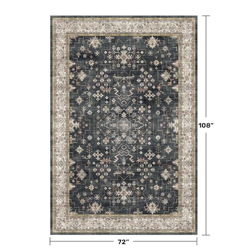 Image of Boho Dining Room Rugs for Under Table - 6x9 Washable Black Area Rug For Living Room, Low Pile Non-Slip Rugs for Bedroom, Office - Charming Farmhouse Decor & Stain Resistance (6x9 Black /Multi)