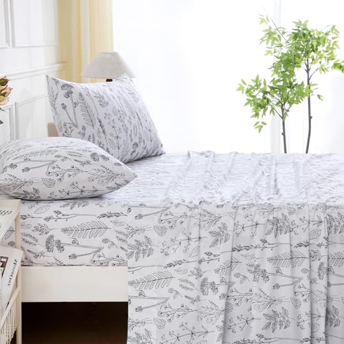 Image of 100% Natural Cotton Percale Sheets Set,King Size 4 PC, Breathable&Durable Hotel Quality Bedding, 16 inch Deep Pocket Botanical Floral Bedsheets,White